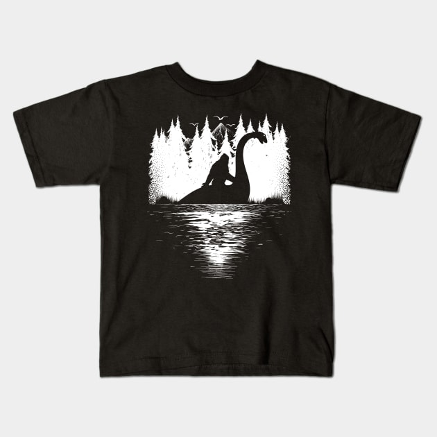 Bigfoot Riding Loch Ness Monster Kids T-Shirt by Tesszero